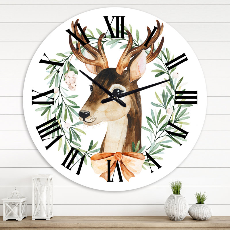 Cerf avec couronne florale isolée On White - horloge murale de ferme, Moyenne