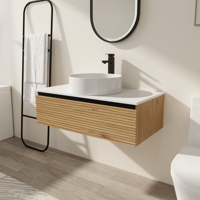 36" Wall Mount Bathroom Vanity with Ceramic Sink - Soft Close Drawer