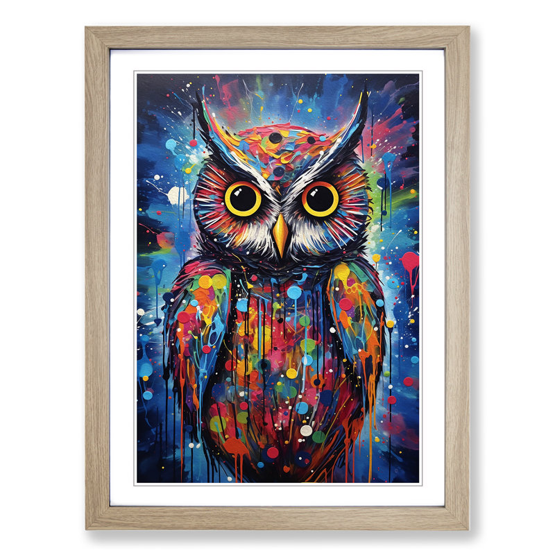Owl Abstract - Single Picture Frame Print on Wood, Oak Framed, 64cm H x 46cm W x 2cm D