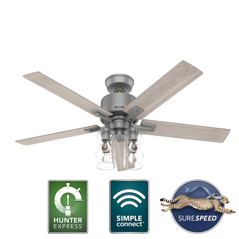 52" Techne 5 - Blade Ceiling Fan with LED Light Kit, Remote Control, WiFi Smart Fan, Easy Install, Matte Silver