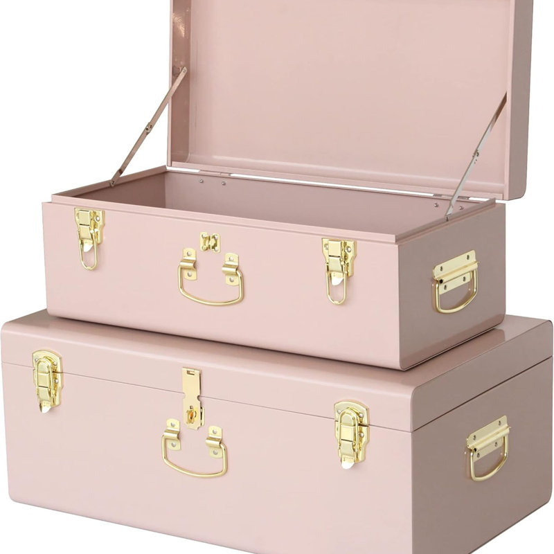 Metal Trunk Decorative Storage Box Set Of 2 College Dorm Chest With Handle, 10" H x 15" W x 24" D, Pink, Rose Gold