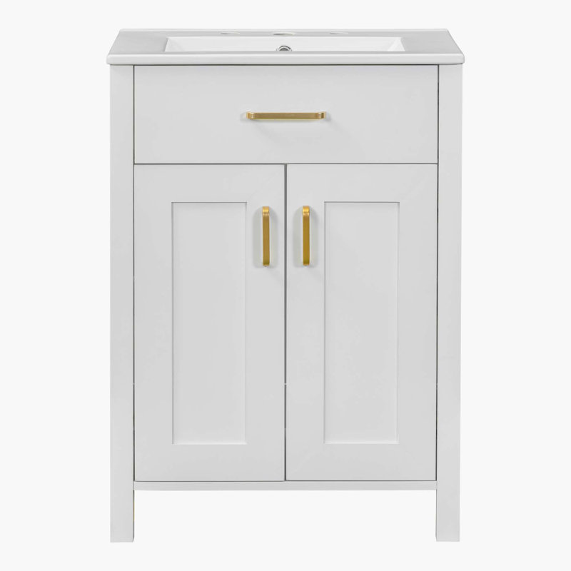 Ensemble de meuble-lavabo 24 po avec lavabo en céramique, meuble-lavabo luxueux, blanc, Blanc / Blanc