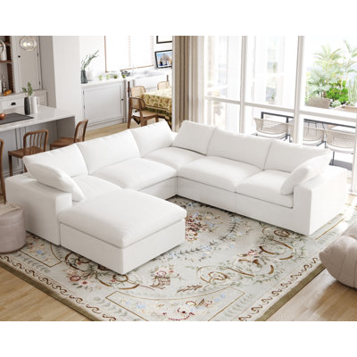 Kenda 6-Piece Upholstered Modern Linen Slipcovered Sectional Sofa With Ottoman