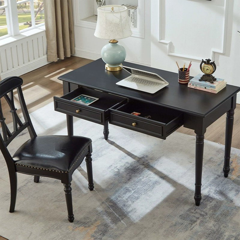 Bureau rectangulaire en bois massif noir avec 2 tiroirs, H 29,92 po x l 47,24 po x P 23,62 po