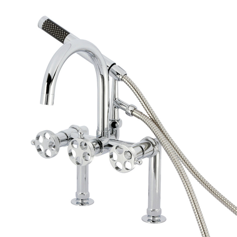 Kingston Brass Webb Three-Handle 2-Hole Deck Mount Clawfoot Tub Faucet with Knurled Handle and Hand Shower, Silver