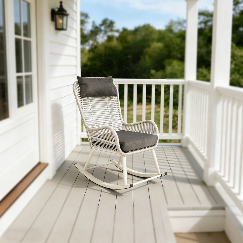 Hubhalsun Outdoor Rocking Chair with Cushion, All-Weather Wicker Patio Rocker for Porch, Backyard & Poolside, 350 LBS Capacity, Dark Grey