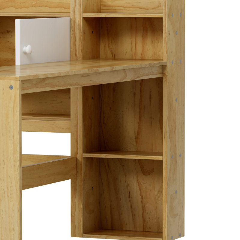 Wooden L-Shape Daybed With Seven Storage Cabinets And Two Storage Drawers, Multi-Functional Bed With Study Desk And Built-In Bookshelf