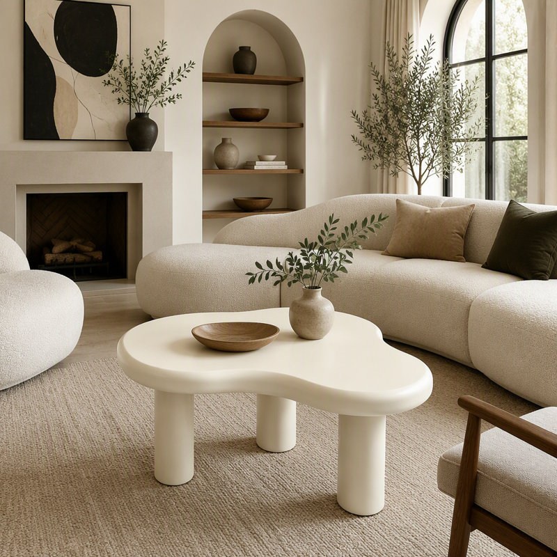 Table basse Cloud, table basse moderne en bois pour le salon, tables d'appoint avec 3 pieds, petites tables de thé pour le balcon, le patio, la chambre à coucher, blanc crème