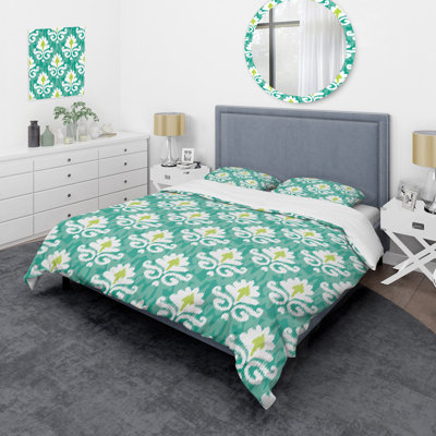 Green and White Damask - Abstract Duvet Cover Set - Microfiber Polyester