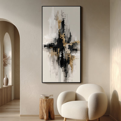 Impression d'art mural extra large - Composition géométrique abstraite en forme de croix noire et dorée en forme de structure minimaliste moderne pour le salon ou la chambre à coucher - «Assemblage requis du cadre (cadre non fini)»
