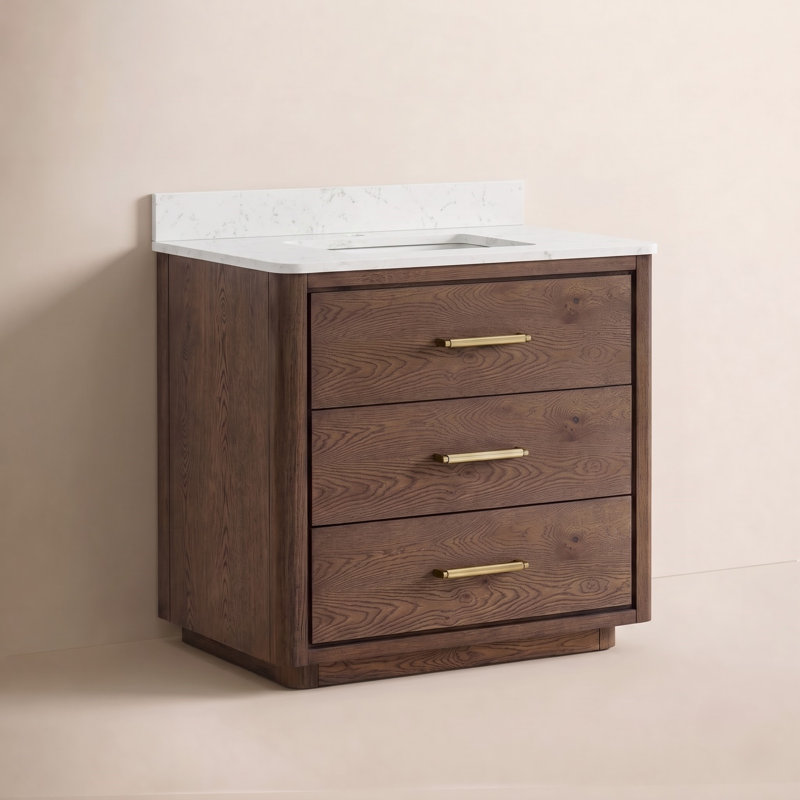 Porto 36'' Free Standing Single Bathroom Vanity with Quartz Top, Dark Brown Oak, Gold