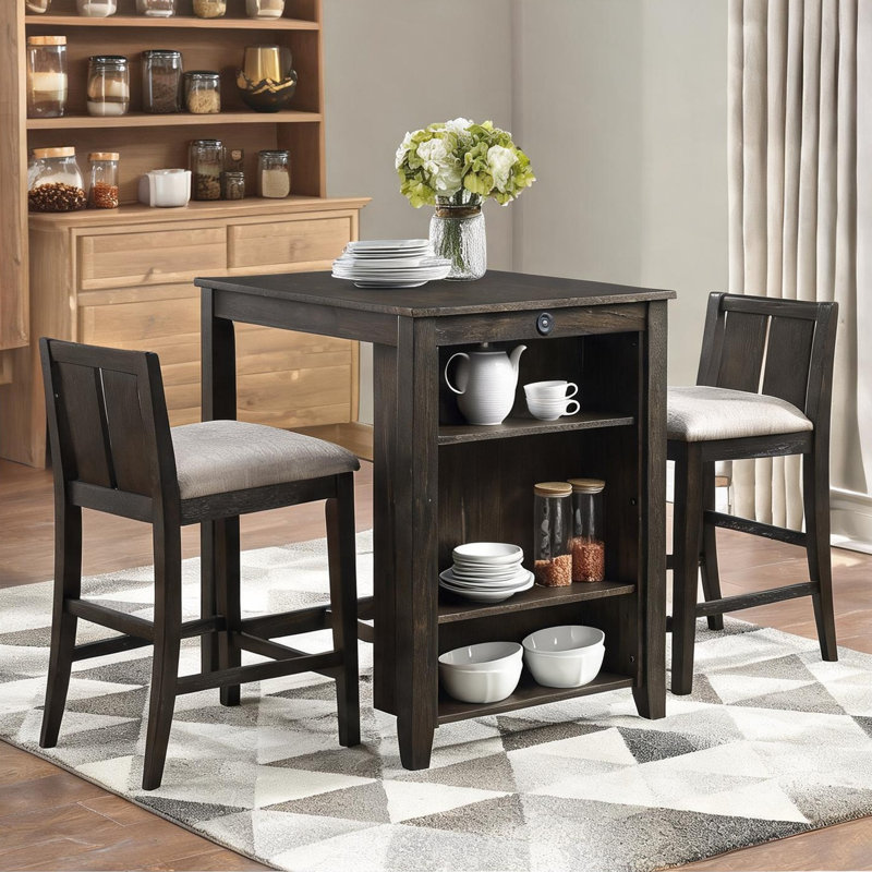 Ensemble de salle à manger à hauteur de comptoir en bois de cerisier foncé avec table USB 2 chaises rembourrées, assise en tissu brun pour les petits espaces