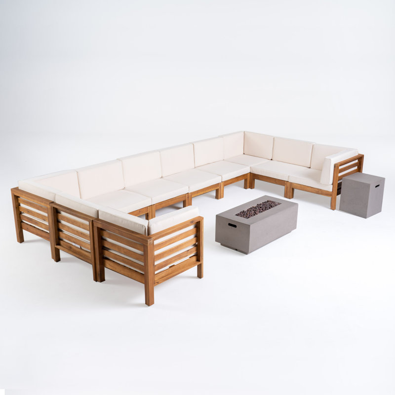 Ajanai Acacia 8 - Person Modular Patio Conversation Set with Cushions, Teak Frame / Beige Cushion