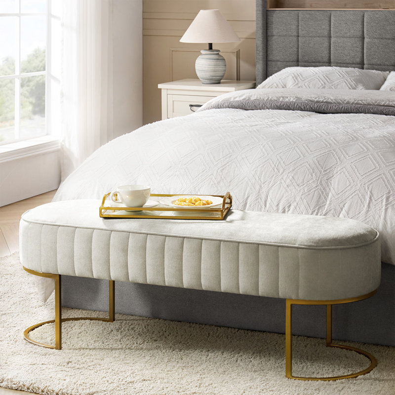 Ferdinand Lawanda 46" Modern Polyester Upholstered Bench with Channel-Tufted Cushion and Metal Base, Beige