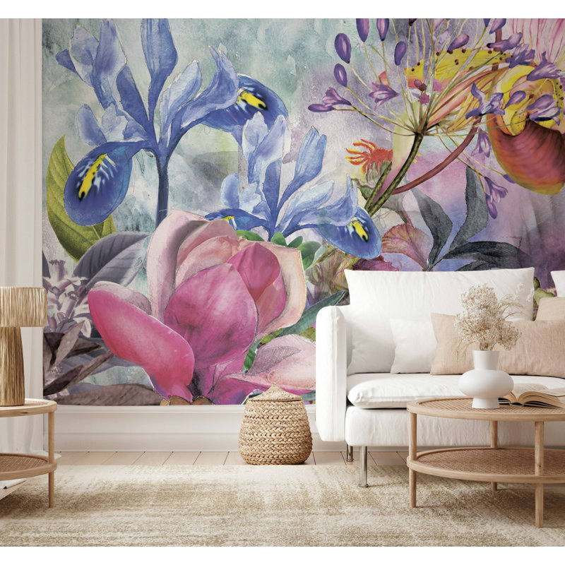 Papier peint aquarelle floral iris et magnolia rose, L 115 po x l 225 po