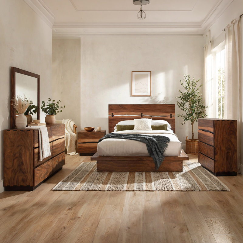 Ensemble de chambre à coucher grand 5 pièces Zeko, base de socle, bord vif, brun noyer fumé, Grand lit
