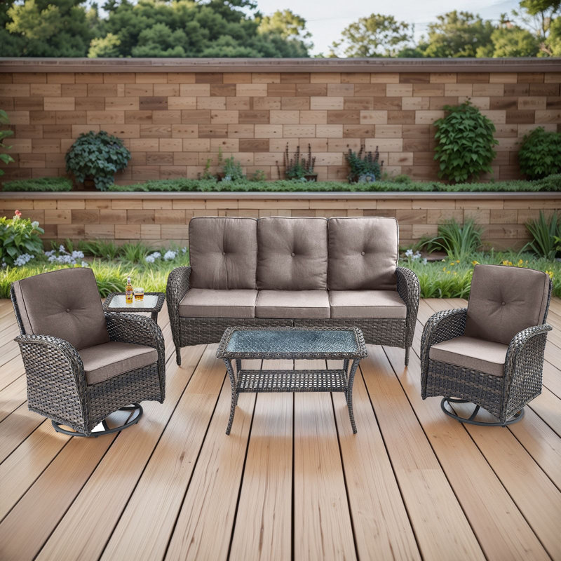 Valierius 5-Piece Outdoor Wicker Patio Furniture With 3 Seat Sofa & Swivel Chair, Coversation Set With Water Resistant Cushions