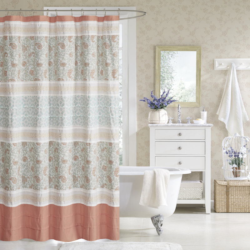 Coral and White Cotton Paisley Shower Curtain