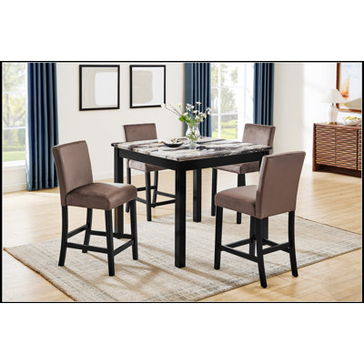 Five Piece Counter Height Dining Set With Faux Marble Top And Plush Upholstered Chairs For Modern Homes