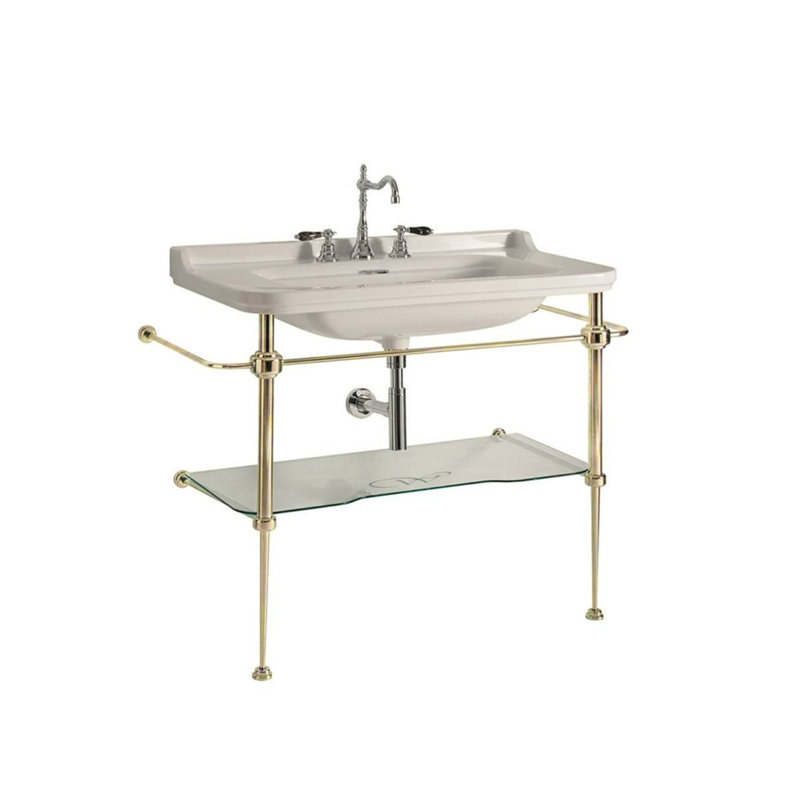 Waldorf 4141 Sink In Glossy White With  Faucet Holes And Waldorf 9197 Console In Polished Gold, Single Hole
