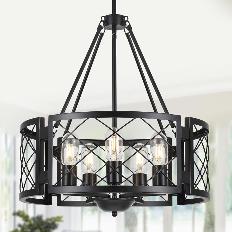 Lustre de style campagnard avec hauteur réglable, luminaire suspendu tambour 5 lumières pour la salle à manger, îlot de cuisine, entrée, couloir de chambre à coucher, finition noire rustique, homologué UL