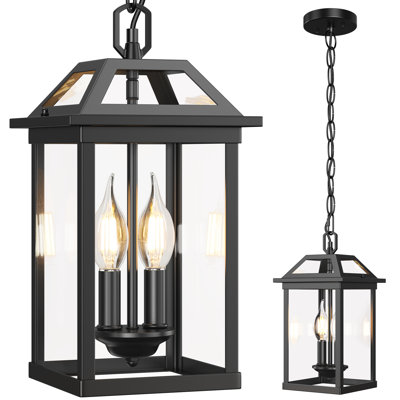 14.9”Modern Outdoor Waterproof Pendant Light with Tempered Glass and 2 Bulbs for Porch
