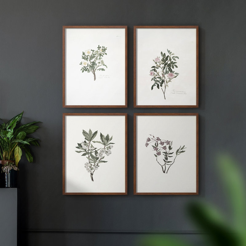 «Vintage Floral Print CCI», 4 pièces sur papier, Noyer, H 14 po x l 11 po