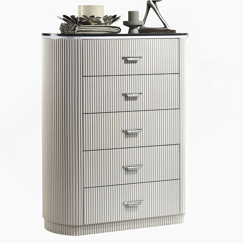 Armoire de style moderne et contemporain 1Pc avec poignées chromées en pierre de culture sur le dessus et 5 tiroirs à queue d'aronde anglaise, ligne argentée verticale gris clair