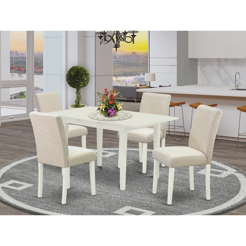 Ensemble de table de salle à manger 5 pièces comprenant une table de cuisine rectangulaire à feuilles papillon et 4 chaises rembourrées en tissu de lin beige clair, lin blanc