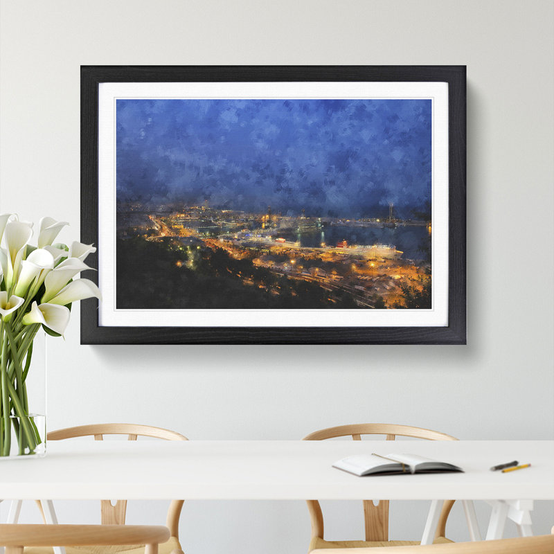 Barcelona Skyline - Picture Frame Painting, 27cm H x 36cm W x 2cm D, Black Framed