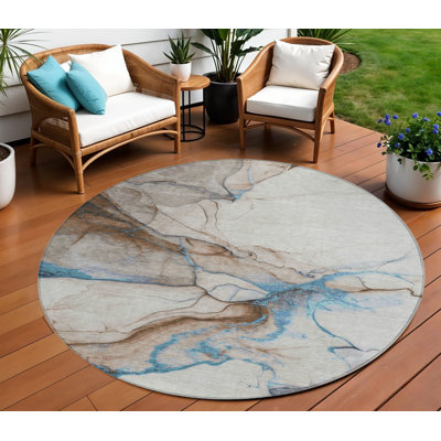 Tapis d'intérieur rond lavable abstrait beige et bleu 8 pi Fairwinds