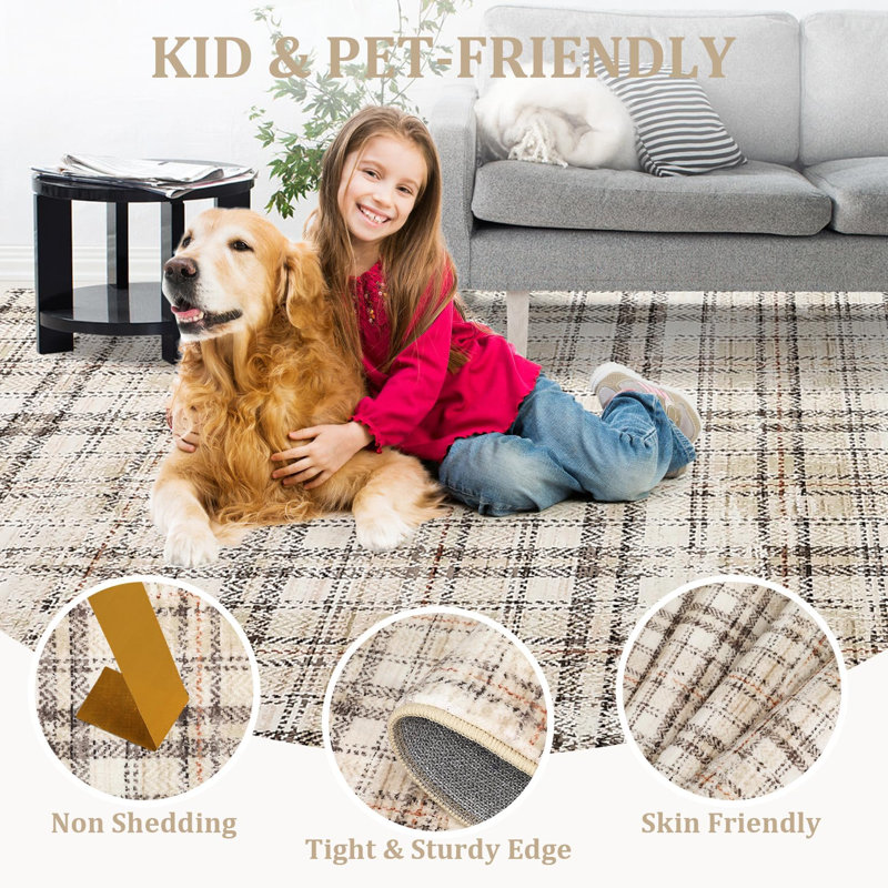 Rectangle Plaid Area Rug, Beige, Rectangle 120 x 170 cm