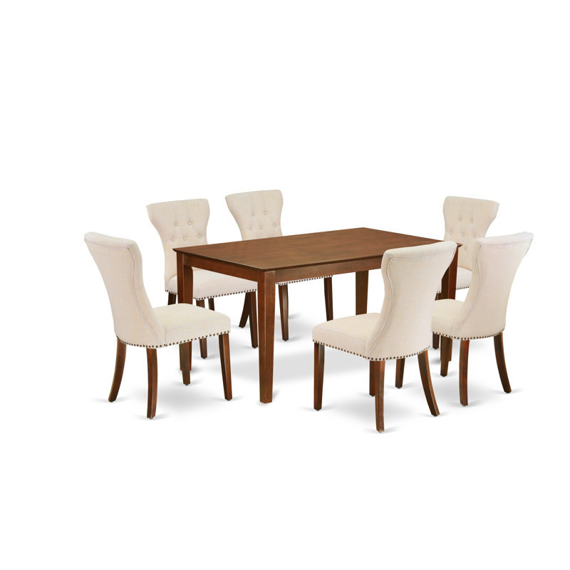 Ensemble de table et chaises de cuisine 7 pièces comprenant une table de salle à manger rectangulaire et 6 chaises de salle à manger Parsons en tissu beige clair, acajou