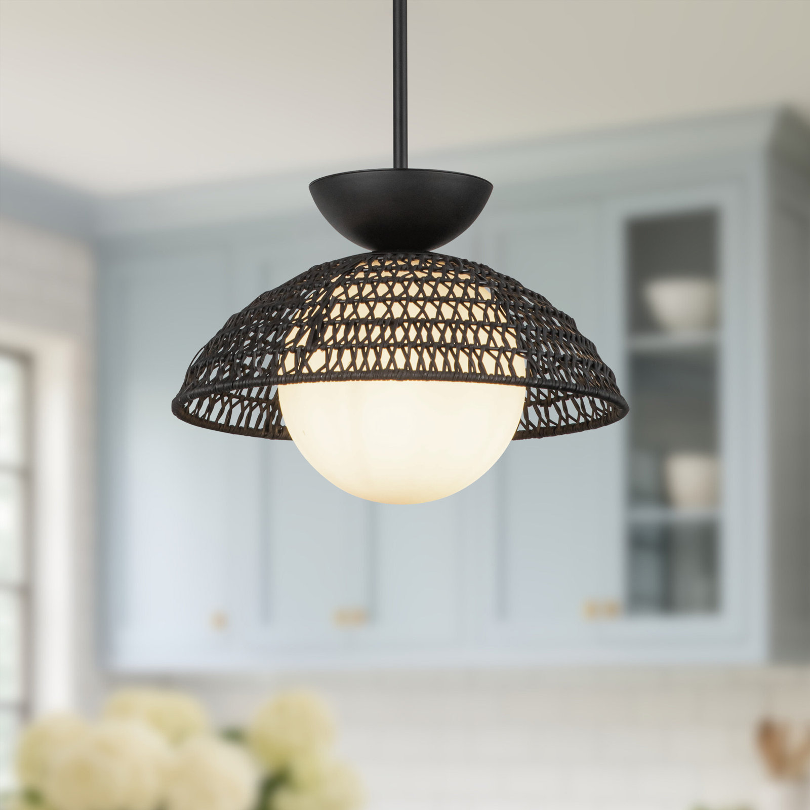 Byrone Single Light Rattan Steel Pendant, Matte Black