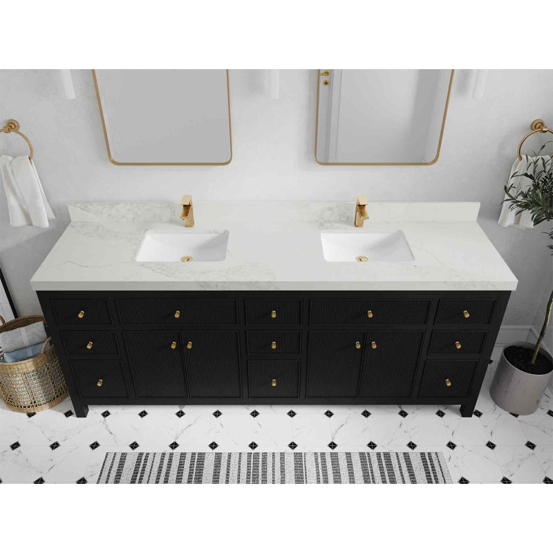 84'' Double Bathroom Vanity with Top, Black, Calacatta Nuvo