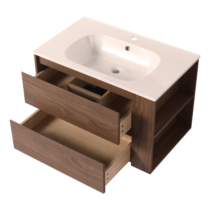 Meuble-lavabo mural 30 po avec lavabo gel et tiroir, Chêne brun