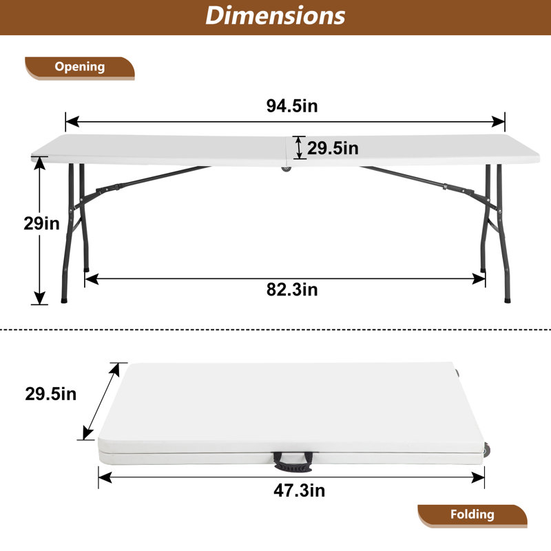 8FT White Plastic Folding Dining Table with Metal Legs