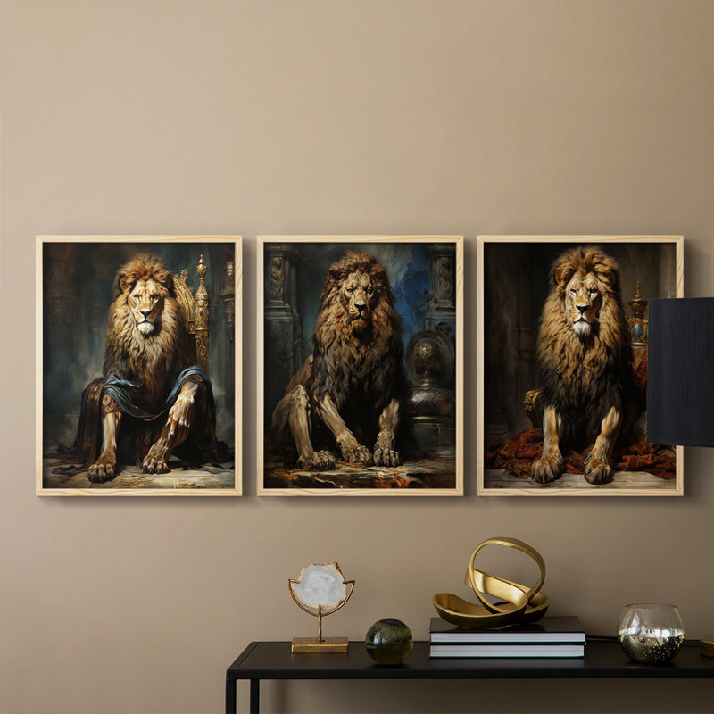 Série royale d'animaux LX - ensemble de 3 estampes numériques encadrées - prêt à être accroché, Encadré naturel
