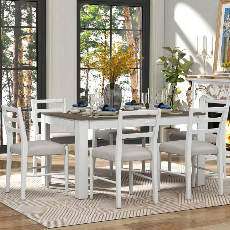 7 sièges de salle à manger avec fonctions extensibles, chaises rembourrées et rangement en blanc / brun, sièges et tiroirs extensibles à finition de teinte brun / blanc