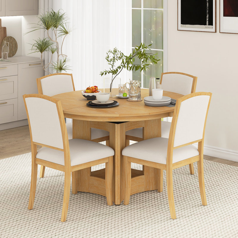 5-Piece Solid Wood Extendable Farmhouse Dining Table Set, Brown, Brown