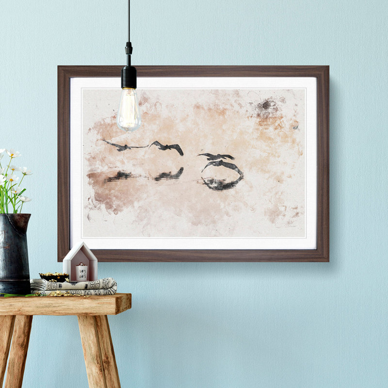A Flock of Pelicans Watercolour - Picture Frame Graphic Art Print, Walnut Framed, 62cm H x 87cm W x 2cm D