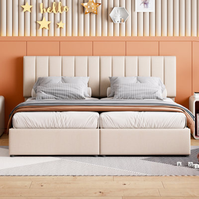 Platform Bed Upholstered Platform Bed Included Two Twin Size Beds, Hydraulic Storage Systems And Vertical Stripe Headboard