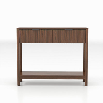 Mid-Century Modern Fluted Console Table With 2 Drawers & Open Shelf, Walnut Finish Narrow Entryway Table, Slim Sofa Table For Hallway, Living Room, Small Spaces, Easy Assembly