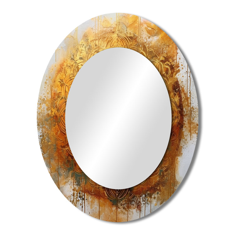 White And Gold Mandala VI - Geometric Oval Decorative Mirror On Metal, 43" x 33"