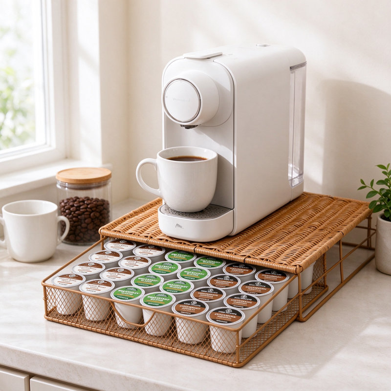 Handwoven Rattan K-Cup Holder Coffee Pod Drawer for Keurig, Synthetic Woven Coffee Station Organizer with Smooth Sliding Drawer, Space-Saving Pod Storage for Kitchen Counter and Office