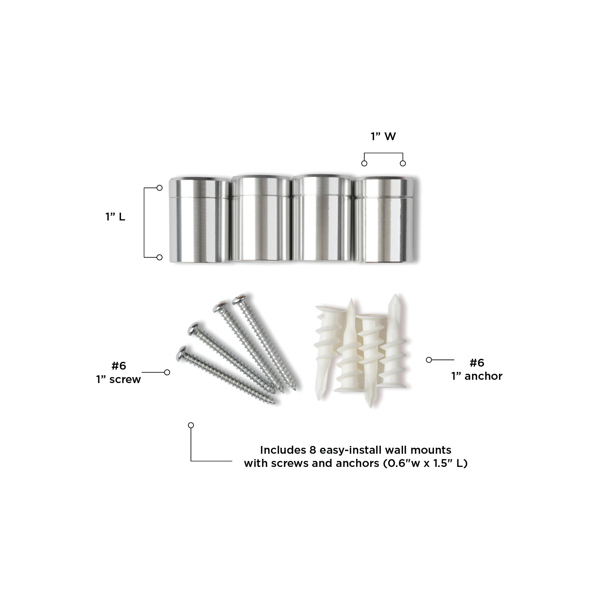 Wexel Art 1-Inch Standard Wall Mounts Grade Acrylic Floating Frames, Silver (Pack Of 4), Silver, 0.625" H x 0.625" W x 1" D