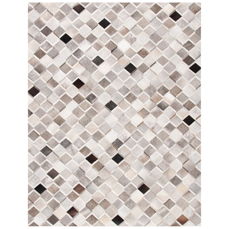 Sebring Hand Woven Leather/Felted Cloth Geometric Rug in Ivory/Gray, Rectangle 8' x 10'