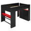 Lit mezzanine double avec bureau réglable éclairé, armoire ouverte et bibliothèque-1091934962