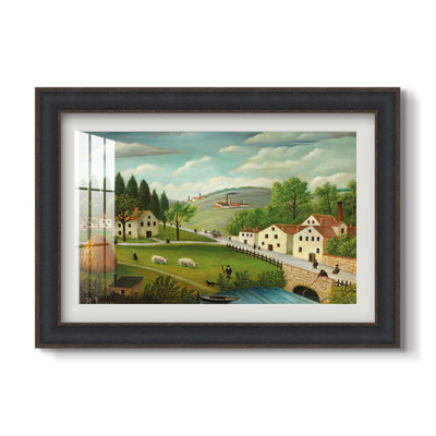 Paysage pastoral avec ruisseau, pêcheur et promeneurs, vers 1875-1880 - Henri Rousseau - Estampe encadrée sur mesure
