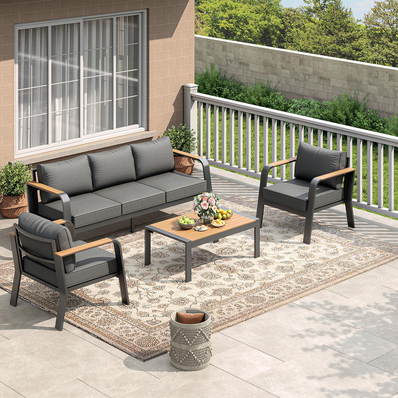 Ensemble de conversation de patio 5 pièces en aluminium avec table basse, coussins lavables, structure en métal résistant aux intempéries - gris pour terrasse, bord de piscine, balcon